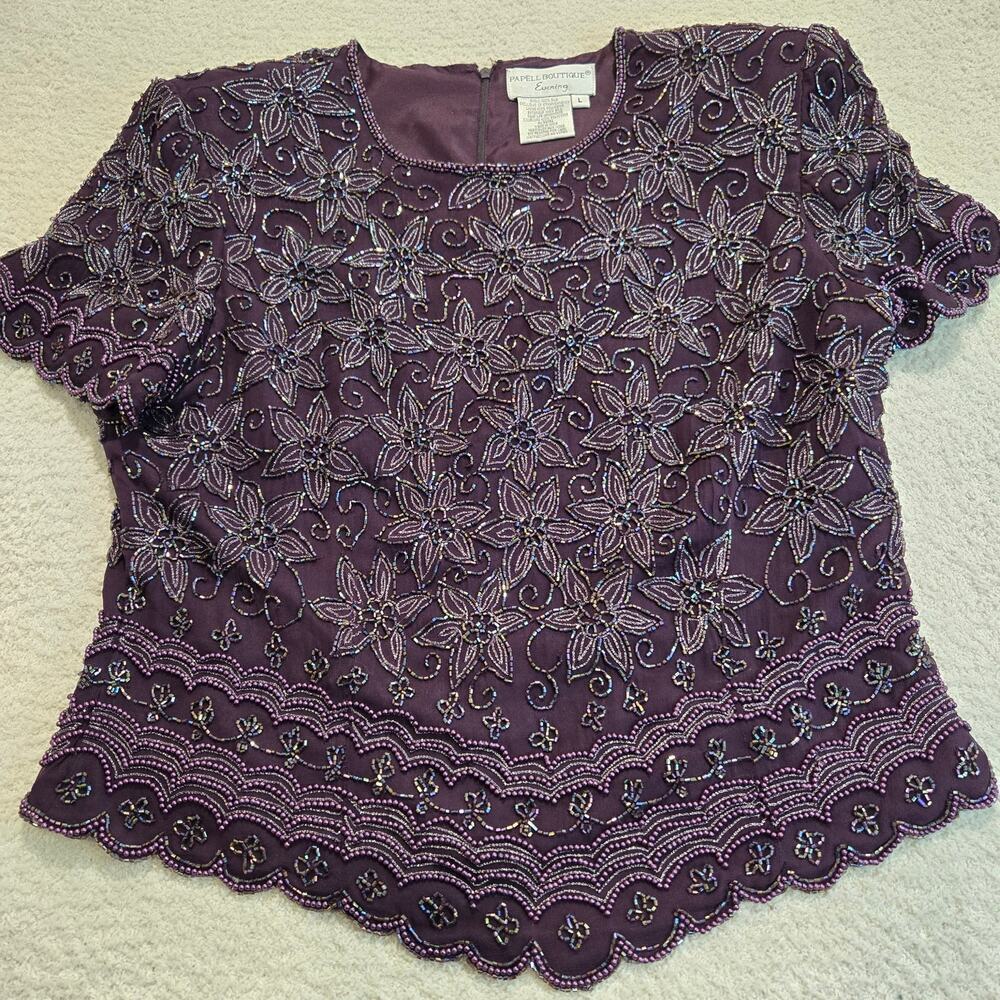 Papell Boutique Silk Beaded Floral Top Blouse Dark Purple Vtg 90s Women's L